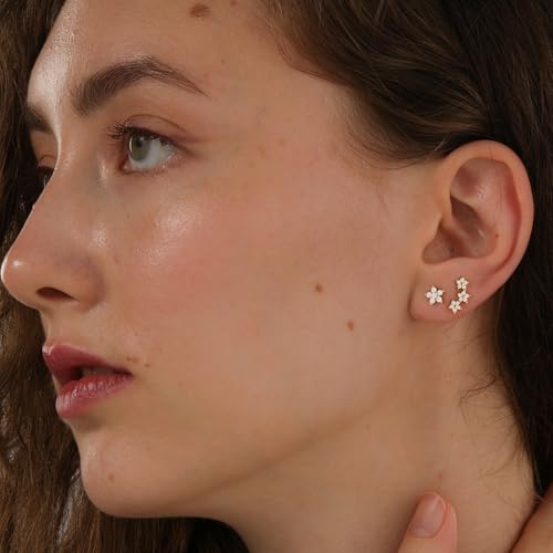 Stud Earring for Women, 14K Gold Silver Plated Hypoallergenic Studs Set | Trendy Cartilage Tragus Helix Clover Flower Earring Stack for Multiple Piercing, Dainty Cute Small Jewelry Gift, Non Tarnish - style: GD-Five-petal Flower