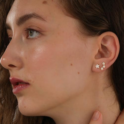 Stud Earring for Women, 14K Gold Silver Plated Hypoallergenic Studs Set | Trendy Cartilage Tragus Helix Clover Flower Earring Stack for Multiple Piercing, Dainty Cute Small Jewelry Gift, Non Tarnish - style: GD-Five-petal Flower