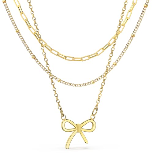 Layered Bow Necklace for Women, 18K Gold Plated Dainty Necklaces Set Stackable Pendant Trendy Cute Choker Jewelry Gift for Her