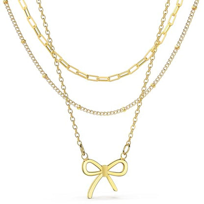 Layered Bow Necklace for Women, 18K Gold Plated Dainty Necklaces Set Stackable Pendant Trendy Cute Choker Jewelry Gift for Her