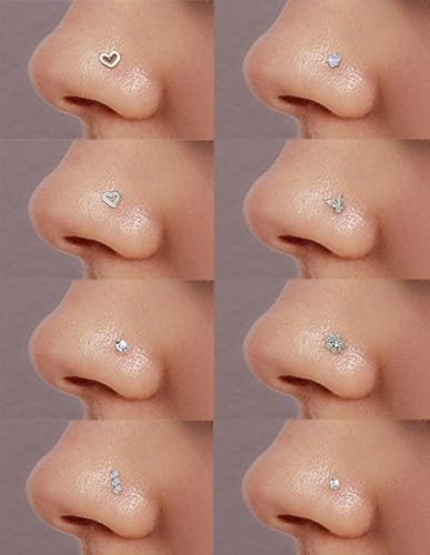17Pcs Nose Rings Studs 20G Surgical Stainless Steel L Corkscrew Bone Shaped Nose Studs Butterfly Flower Heart Star Square Round CZ Nostril Piercing Jewelry for Women Silver Plated - style: B:Screw Shaped