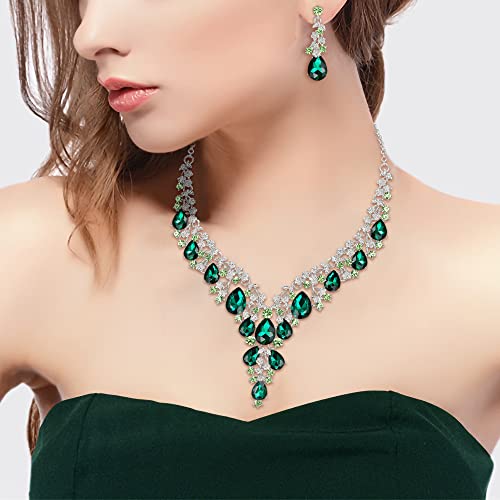 BriLove Women's Wedding Bridal Austrian Crystal Teardrop Flower Cluster Statement Necklace Dangle Earrings Jewelry Set for Party Prom - color: 2Pcs-Emerald Color Silver-Tone