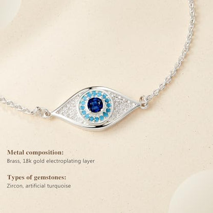 Cicy Bell Evil Eye Bracelets 18k Gold Plated Adjustable | Turquoise，Zirconia Link, Trendy Jewelry Gift for Women, 15.9" with 1.9'' Extender - color: A-Silver