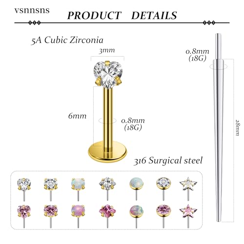 Vsnnsns 14K Gold Plated 16G 18G 20G Threadless Nose Rings Studs Flat Back Earrings Stainless Steel Tragus Helix Conch Earrings Stud Snake Bite Lip Rings Labret Medusa Piercing Jewelry for Women Men - color: 14K Gold Plated-20G-6MM Bar Lenght