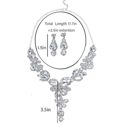 Rhinestone Crystal Bridal Necklace Floarl Art Deco Teardrop Collar Necklace Dangle Earrings Jewelry Set for Women - color: Silver