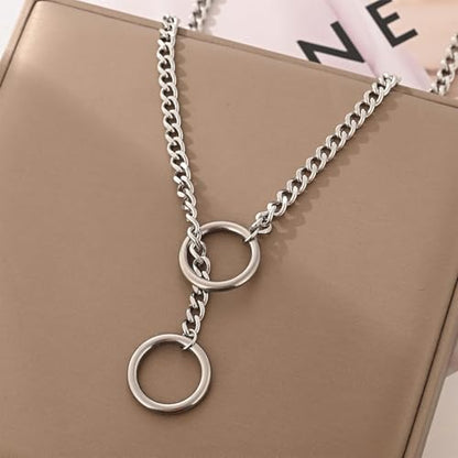 Heart O Ring Slip Chain Necklaces for Women and Men Stainless Steel Long Cuban Chain Bar Necklace Punk Rock Collar Necklaces Handmade Adjustable Lariat Y Necklace - color: Silver Ring