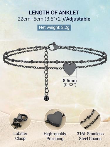 PROSTEEL Ankle Bracelets for Women, Silver/Gold/Black, Waterproof Anklets | Waterproof, Stainless Steel, Summer Beach Jewelry, Durable & No Tarnish, Come with Gift Box, 8-10.5" Adjustable, Plus Size - color: E: black-heart layered