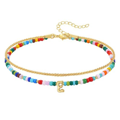 KissYan Initial Ankle Bracelets for Women | Layered Colorful Beaded Anklet with 14K Gold Chain, Waterproof Dainty Jewelry Gift for Summer Beach - style: E