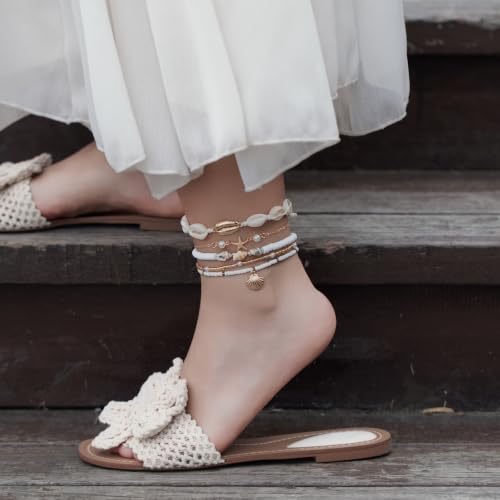 Beaded Anklet Bracelets For Women Waterproof Gold Anklets Jewelry Set Stack | non tarnish free pearl puka seashell beach boho stretchy anklet for summer dainty and tewiky gold plated - color: Beaded Shell