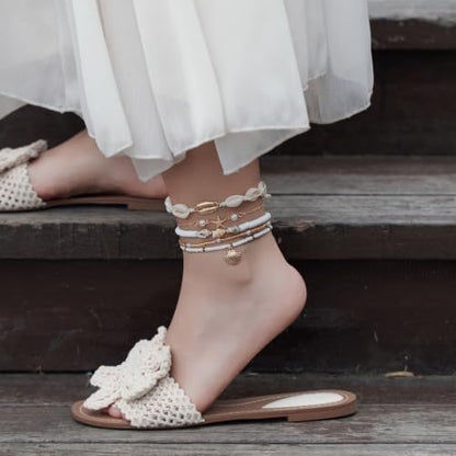 Beaded Anklet Bracelets For Women Waterproof Gold Anklets Jewelry Set Stack | non tarnish free pearl puka seashell beach boho stretchy anklet for summer dainty and tewiky gold plated - color: Beaded Shell