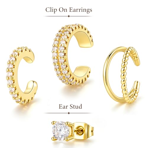 4PCS 14K Gold Plated Ear Cuffs, Ears Clip On Earrings for Women | Adjustable Non Piercing Ears Clip Design, Sparkling Cubic Zirconia, Stackable Single Wear, Gift Box For All Occasions - color: GOLD