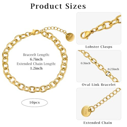 KYUNHOO 10 PCS 6.7 Inches Charm Bracelet Chains for Jewelry Making Extender | Gold Plated Stainless Steel Chain Link Bracelets Making Set with Lobster Clasps Adjustable Extender - color: Gold