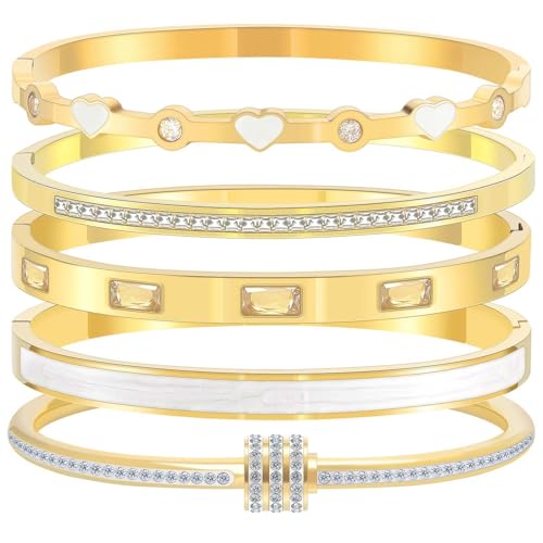 Camhanno Pink Heart Bangle Bracelets for Women - 18K Gold Plated Stackable Stainless Steel, Friendship & Love Jewelry Gift for Her - color: White