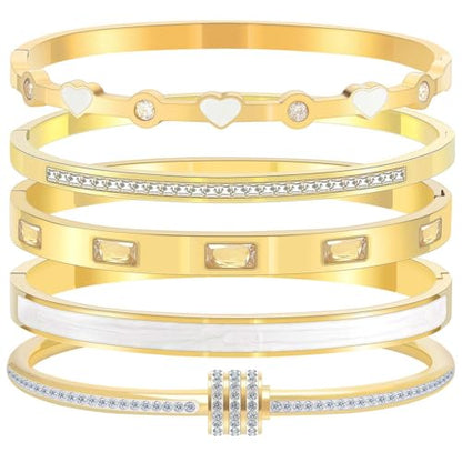 Camhanno Pink Heart Bangle Bracelets for Women - 18K Gold Plated Stackable Stainless Steel, Friendship & Love Jewelry Gift for Her - color: White