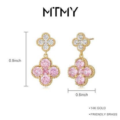 MTMY Dangle Earrings for Women 14K Gold Plated Four Leaf Clover Dangling Drop Birthstone Stud Earrings Trendy Flower Birthstone Jewelry Birthday Gifts - style: Oct.-Pink Tourmaline