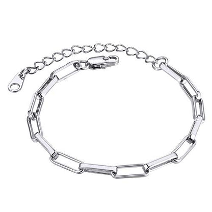ChainsHouse Stainless Steel Herringbone Flat Chain Bracelets for Women,18K Gold/Rose Gold/Black Metal Paperclip/Snake/Cuban/Figaro Sterling Silver Link Charm Bracelet, 16+5cm Adjustable, With Gift Box - color: a. paperclip-platinum(hot!!!)