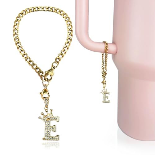 Cup Charms for Stanley Handle- Crown Letter Charms Accessories for Stanley Handle 40 Oz Tumblers Gold Initial Keychain Water Bottle Cup with Diamond Glitter Jewelry Personalized Decorations E - color: Letter E