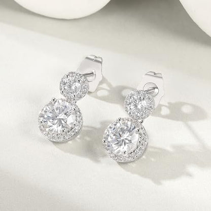 Hoops Huggie Stud Earrings Set 14K White Gold Plated Cubic Zirconia Earring for Women Pack of 2/5 Pairs - style: A6-White Gold-Hoop&Halo Dangle Stud (4 Pairs)