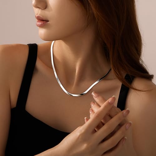 WomenGifts 14K Gold Silver Plated Herringbone Necklace for Women, Dainty Snake Chain Choker, Trendy Simple Long Layered Jewelry Non Tarnish, 3/4/5/8mm,14,16,18,20,22,24,26 Inch Thin & Chunky Options - color: Silver, style: 4mm-16inch