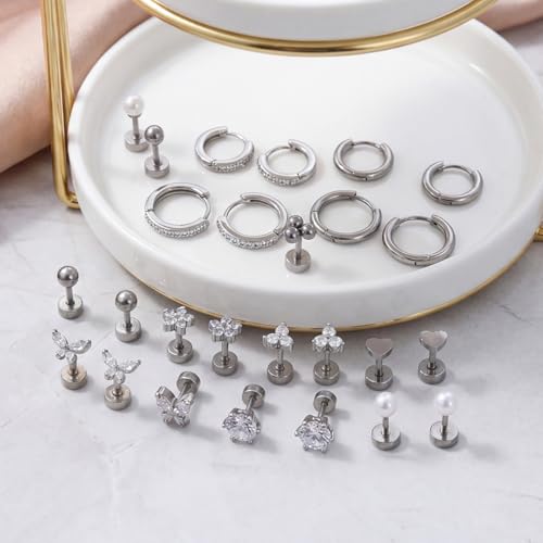 Stainless Steel Stud Earrings Set for Women Hypoallergenic Flat Back Cartilage Earrings Screw Back Huggie Hoop Earrings Multiple Piercing Cubic Zirconia Helix Tragus Jewelry - color: Set-B-Silver