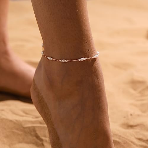 Dainty Simple Chain Anklet for Women 18k Gold/Silver Plated Summer Beach Beaded Evil Eye Moon Figaro Butterfly Satellite Cuban Pearl Flat Marina Anklet Gift - color: Pearl