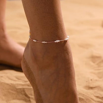 Dainty Simple Chain Anklet for Women 18k Gold/Silver Plated Summer Beach Beaded Evil Eye Moon Figaro Butterfly Satellite Cuban Pearl Flat Marina Anklet Gift - color: Pearl