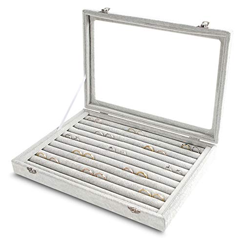 Frebeauty 10 Slots Ring Organizer Tray,Velvet Ring Box with Clear Lid | Velvet Lining,Fits Various Rings and Stud,Glass Lid,Dustproof Design,for Personal Use and Jewelry Display,for Women Girls - color: Grey, size: 10 Slots