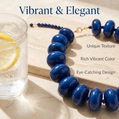 Chunky Beaded Statement Necklace for Women, Colorful Rondelle Bead, Bohemian Style, Adjustable Length, Summer Beach Accessory - color: Navy Blue