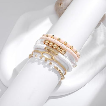 GOOJIDS Simple Beaded Gold Plated Bangles Bracelet Chunky Bamboo Tube Curved Stacking Clear Acrylic Colorful Beads Stretchable Gold Plated Bracelets Set For Women - color: A-A1 Clear Beads Bracelet