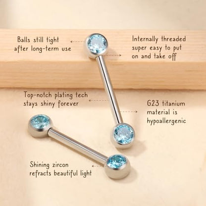 AROWRO Nipple Piercing Jewelry Nipple Rings Titanium Nipple Rings Implant Grade Hypoallergenic 14G Internally Threaded Straight Barbells with Cubic Zirconia Opal Gold Silver Rose Gold Black 12mm 14mm 16mm 18mm 20mm - color: Silver+Clear Blue CZ