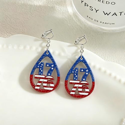 4th of July Independence Day Clip on Earring for Women American Flag Dangle Earrings Patriotic Red White Blue USA Earring, Pave Crystal Stud - color: blue water droplet