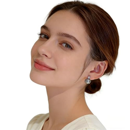 Faux Pearl Cubic Zirconia Stud Earrings, Hypoallergenic Lightweight Round Pearl Studs for Women - color: Blueish Silver, size: Pearl 12mm-CZ 3mm