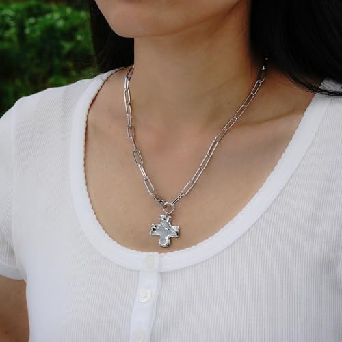 Chunky Cross Necklace for Women Trendy 14K Gold Silver Plated Statement Big Cross Pendant Paperclip Chain Charm Necklaces Religious Faith Easter Basket Stuffers Baptism Costume Jewelry Gift - color: White Gold-Lobster Clasp-1 inch pendant