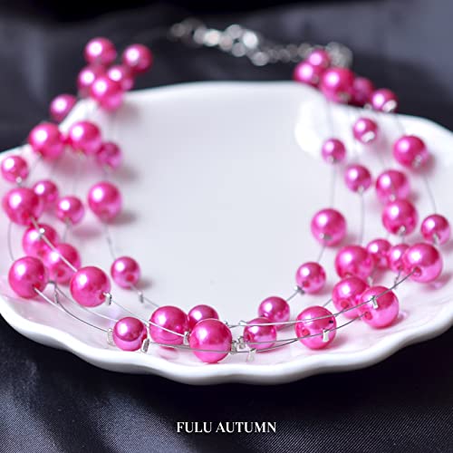 FULU AUTUMN Layered Pearl Necklace Multi-strand Pearl Choker Necklaces for Women Beaded jewelry for Wedding Parties - color: Hot pink