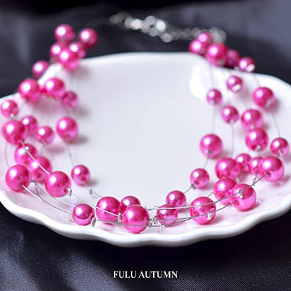 FULU AUTUMN Layered Pearl Necklace Multi-strand Pearl Choker Necklaces for Women Beaded jewelry for Wedding Parties - color: Hot pink