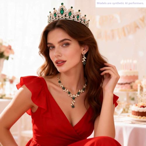 Kamirola Tiaras and Crowns for Women,Tiaras Earrings Necklace, Crystal Bridal Jewelry Set, Costume Party Halloween Prom Pageant Jewelry for Women(TR45) - color: Gold Green