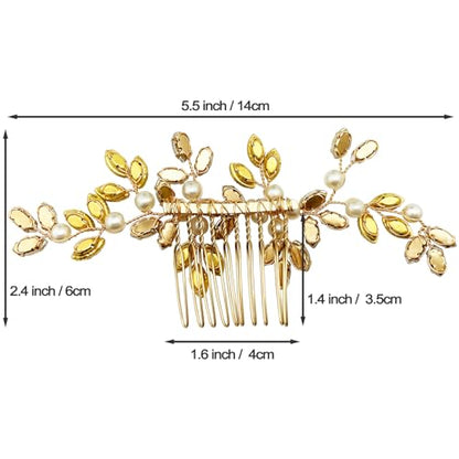 Pearl Crystal Hair Comb Bridal Green Rhinestone Gold Vine Hair Piece Accessories for Wedding Women - color: Green