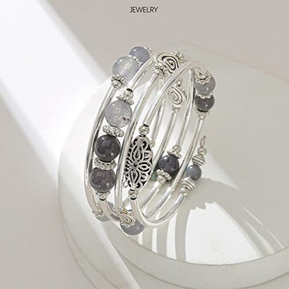 FULU AUTUMN Stackable Beaded Bracelets for Women Boho Wrap Silver Bracelet Layered Fashion Jewelry Gifts for Her - color: 17-Grey