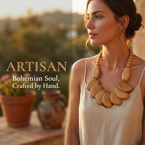 Coiris Chunky Wooden Necklace and Earring Set for Women Boho Statement Jewelry Ethnic Accessories - color: Beige