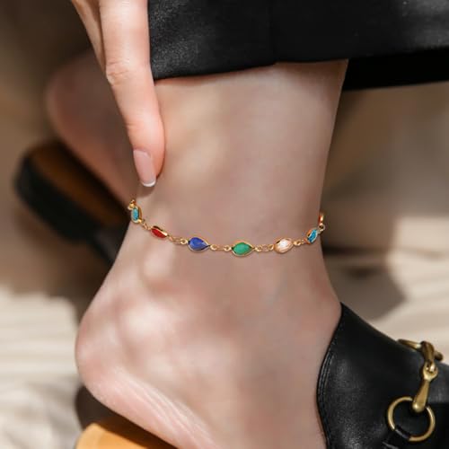 18K Gold Plated Anklet for Women Multicolor Crystal Ankle Bracelets Boho Adjustable Chain Anklets - color: Waterdrop