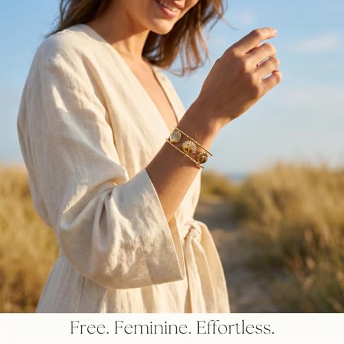 Starfish Open Cuff Bracelet for Women – 18K Gold Plated Stainless Steel, Adjustable Ocean-Inspired Arm Cuff, Waterproof, Hypoallergenic Beach Jewelry Gift - color: 3 Seashell