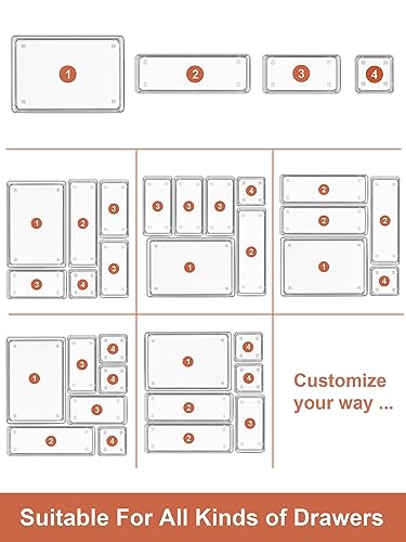 SMARTAKE 37 PCS Drawer Organizer 4 Size Desk Makeup Drawer Organizer Clear | Storage Trays with Non Slip Silicone Pads for Makeup , Jewelries, Utensils in Bedroom Dresser, Office, Kitchen and Bathroom - style: 37 PCS