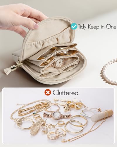 VLANDO Small Travel Jewelry Case,Velvet Pouch Bags with Zipper,Beige | Travel Essentials,PU Leather Organizer with 5 Divided Sections,Carry-On Totes,Gift for Birthday,Bride,Bridesmaid,Women,Girls - color: C.Beige