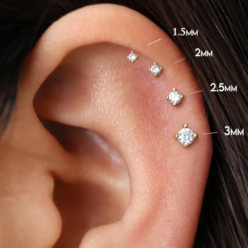 16G/18G/20G Tiny CZ Stud Earrings, Gold Flat Back Earrings, Threadless Cartilage Tragus Piercing Conch Stud Nose Helix Stud - color: CZ -Gold, size: 16/18/20 gauge (1.2mm/1.0mm/0.8mm post)