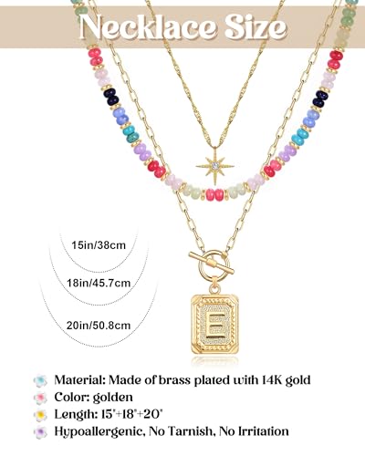 MJartoria Layered Initial Necklaces for Women | 14K Gold Plated Brass, Star Choker, Colorful Beaded, Square Letter Pendant, - color: Gold Plated, style: E