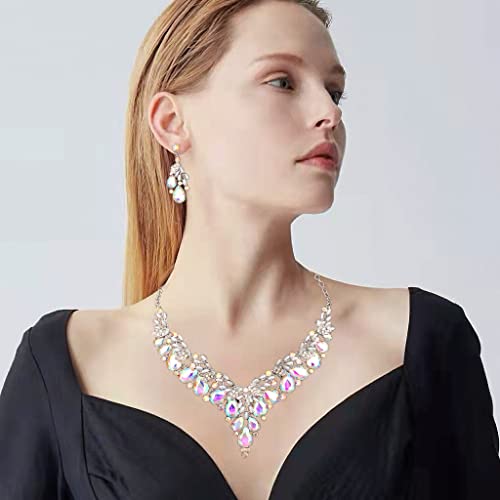 Jewelry Set for Women, Statement Necklace Dangle Earrings Bracelet Ring, White/KC Gold Plated Jewelry Set with Rhinestone Pearl Crystal Wedding Party Jewelry for Bridal Bridesmaid - color: AB Crystal-Platinum Plated