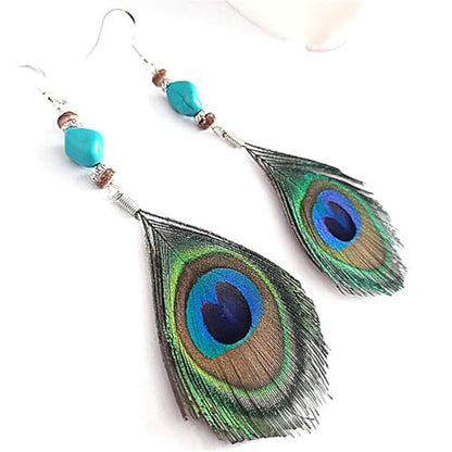 Peacock Feather Earrings for Women Native Handmade Lightweight Long Peacock Feather Boho Hook Earring Prom Party Festival Jewelry - color: Turquoise