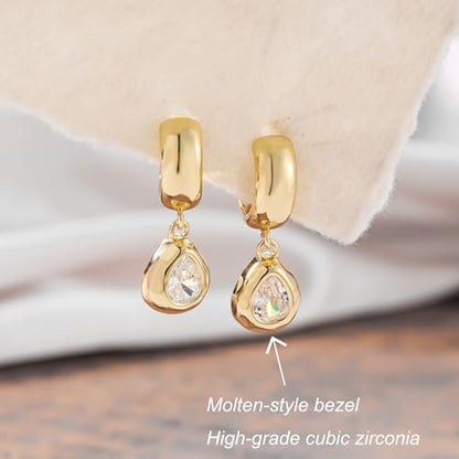 NIXMAX Trendy Gold Dangle Earrings for Women, Chunky Statement CZ Hoops | Bezel-Set Cubic Zirconia Charm, 14K Gold Plated, Lightweight Hypoallergenic Jewelry, Fashion Accessories, Gifts for Women - color: Gold-Chunky Teardrop Hoops