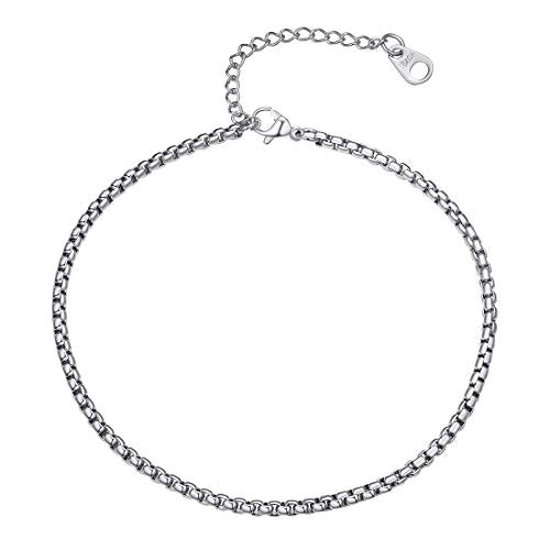 U7 Ankle Bracelets for Women Stainless Steel Waterproof Tarnish Resistant | 18K Gold Plated/Silver/Rose Gold Anklets, Cuban Chain Anklet Bracelets, Perfect for Summer Beach and Vacation Outfits - color: Stainless Steel-3mm-Box Chain