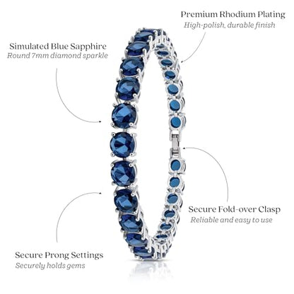 KEZEF Tennis Bracelet for Women, 7mm Round CZ, Silver Plated Brass, 6.5–8 Inch, Fold-Over Clasp - color: Simulated Blue Sapphire, size: 6.5 Inch